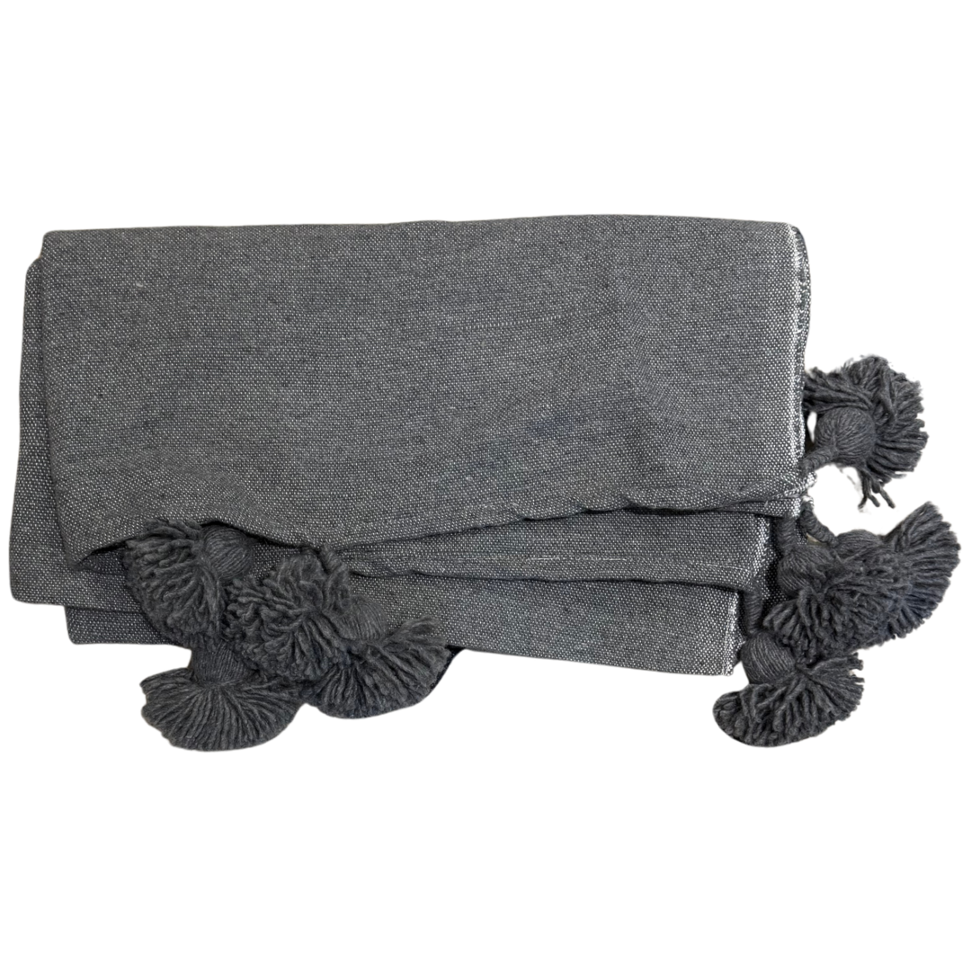 Plaid simple en coton tissé uni ou à rayures – Finition pompons