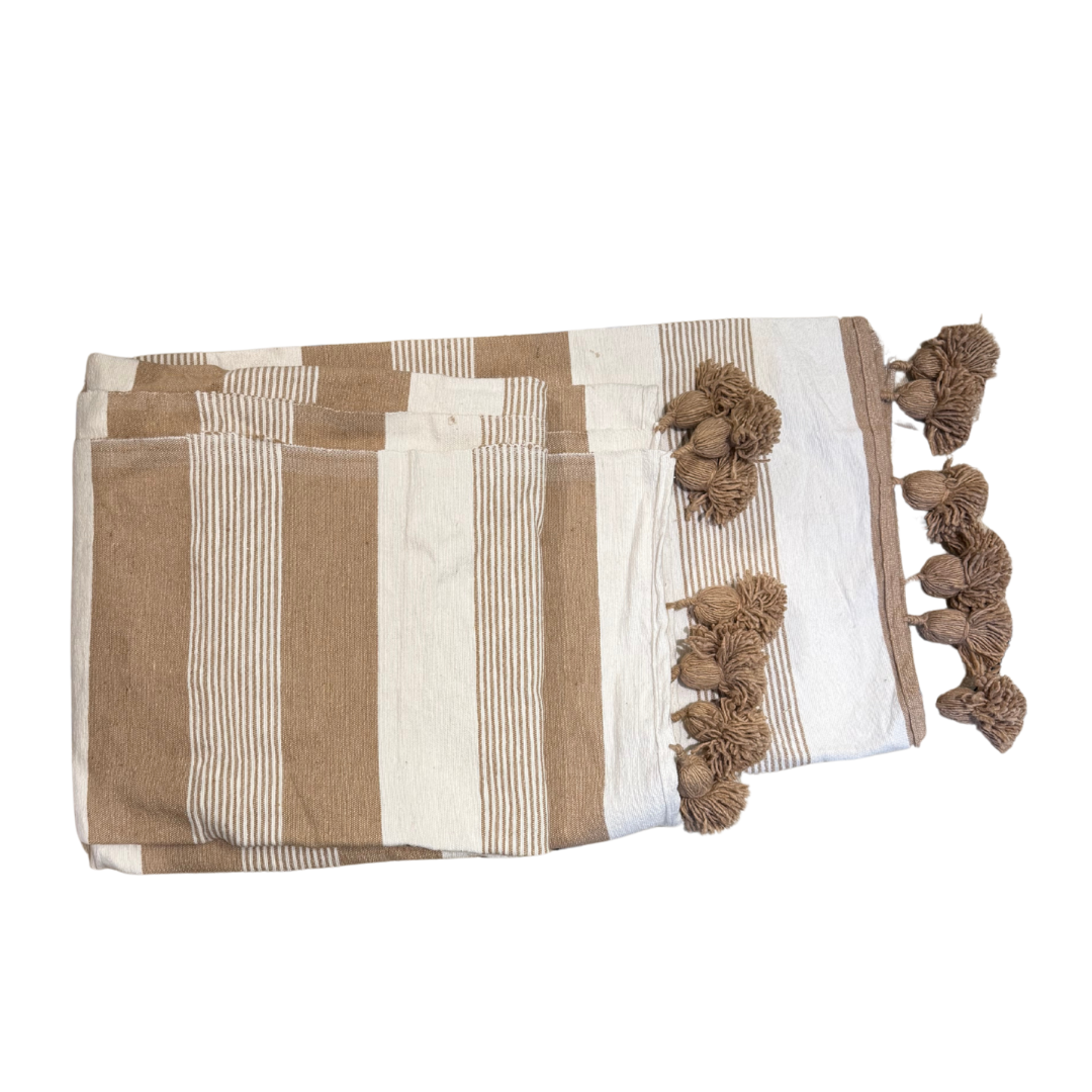 Plaid double en coton tissé uni ou à rayures – Finition pompons