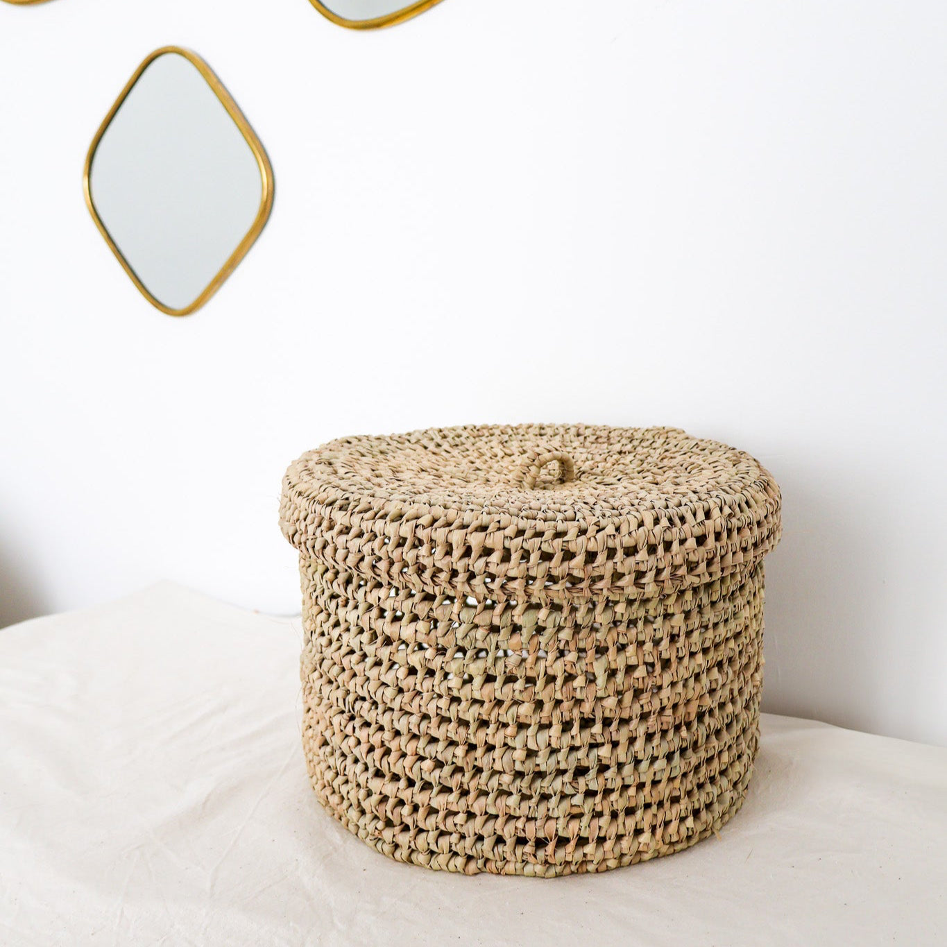 Boîte de rangement ronde en osier marocain avec couvercle Ø 28 cm – Maison Asli