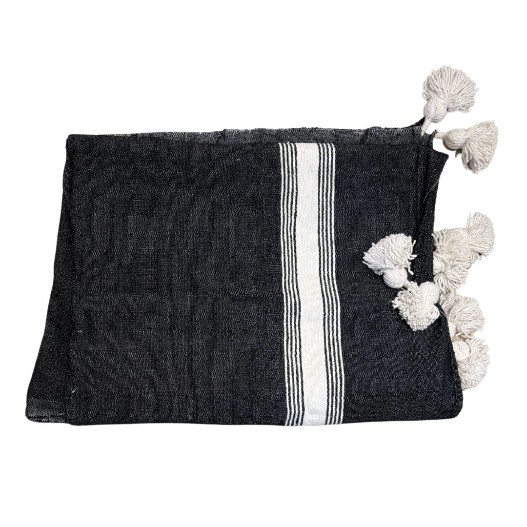 Plaid double en coton tissé uni ou à rayures – Finition pompons