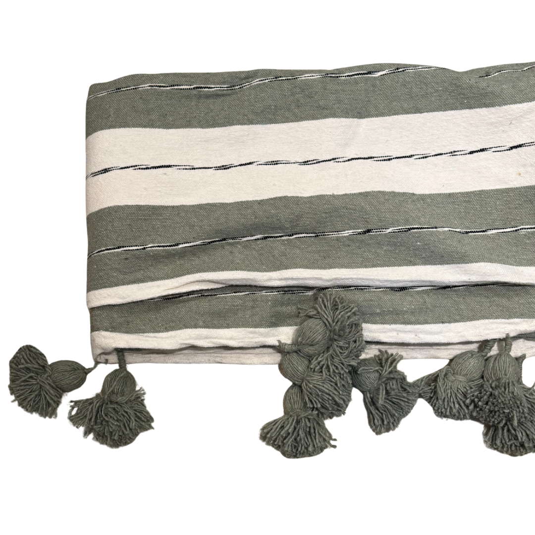 Plaid double en coton tissé uni ou à rayures – Finition pompons