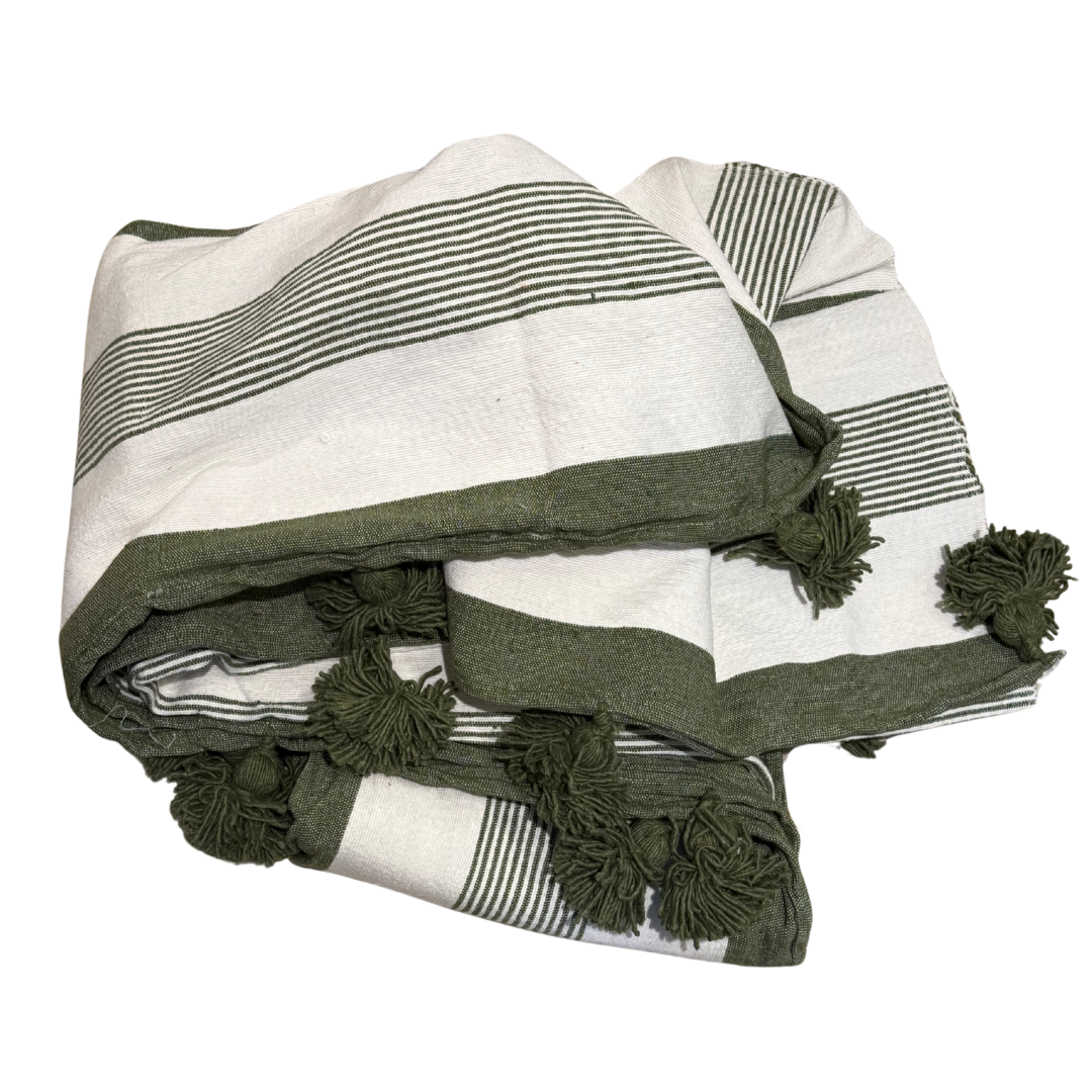 Plaid double en coton tissé uni ou à rayures – Finition pompons
