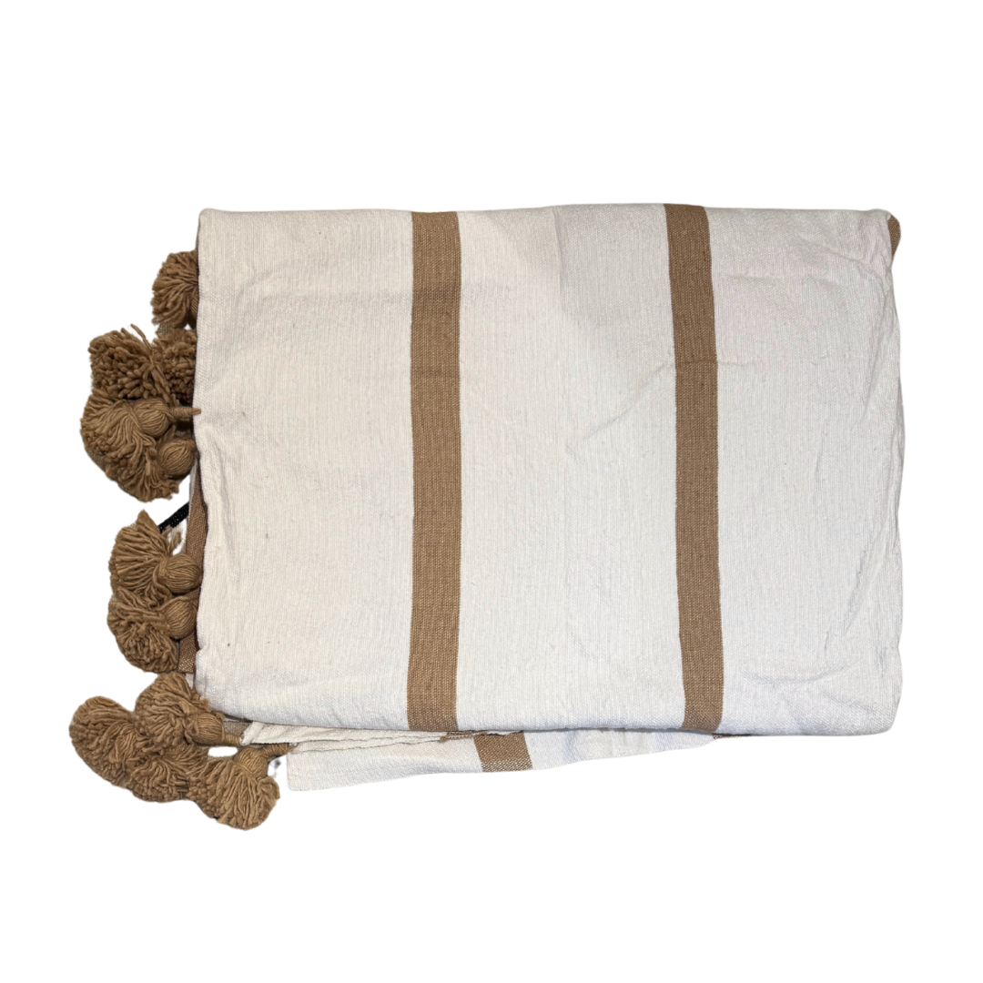 Plaid double en coton tissé uni ou à rayures – Finition pompons