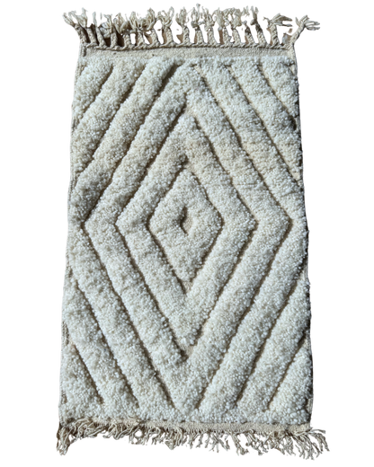 Tapis descente de lit berbère Beni Ouarain – Laine blanche tissée main (60 x 100 cm)