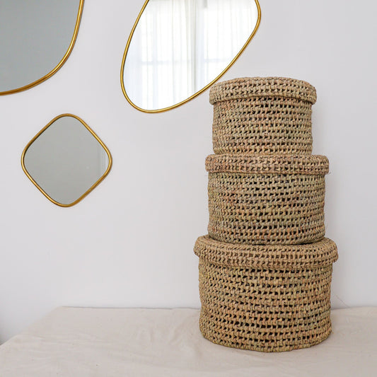 Lot de boîtes de rangement rondes en osier marocain – Maison Asli