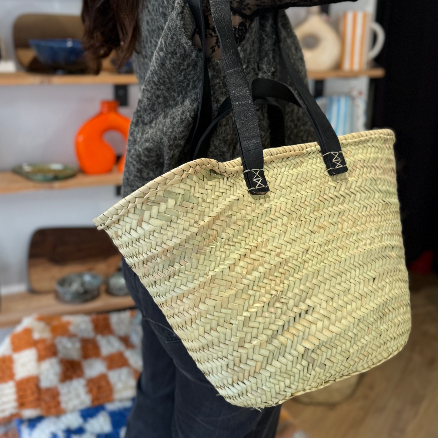 Panier marocain anses en cuir noires