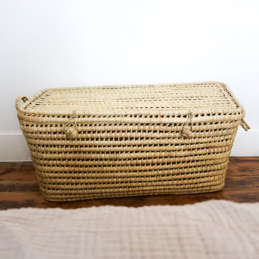 Malle de rangement en osier marocain 80 cm avec couvercle – Maison Asli