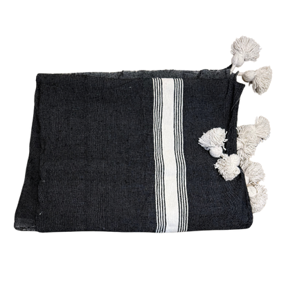 Plaid double en coton tissé uni ou à rayures – Finition pompons