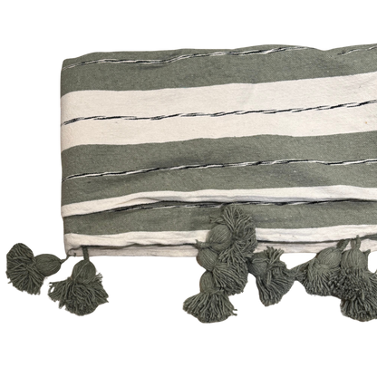 Plaid double en coton tissé uni ou à rayures – Finition pompons