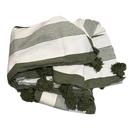 Plaid double en coton tissé uni ou à rayures – Finition pompons