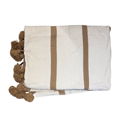 Plaid double en coton tissé uni ou à rayures – Finition pompons